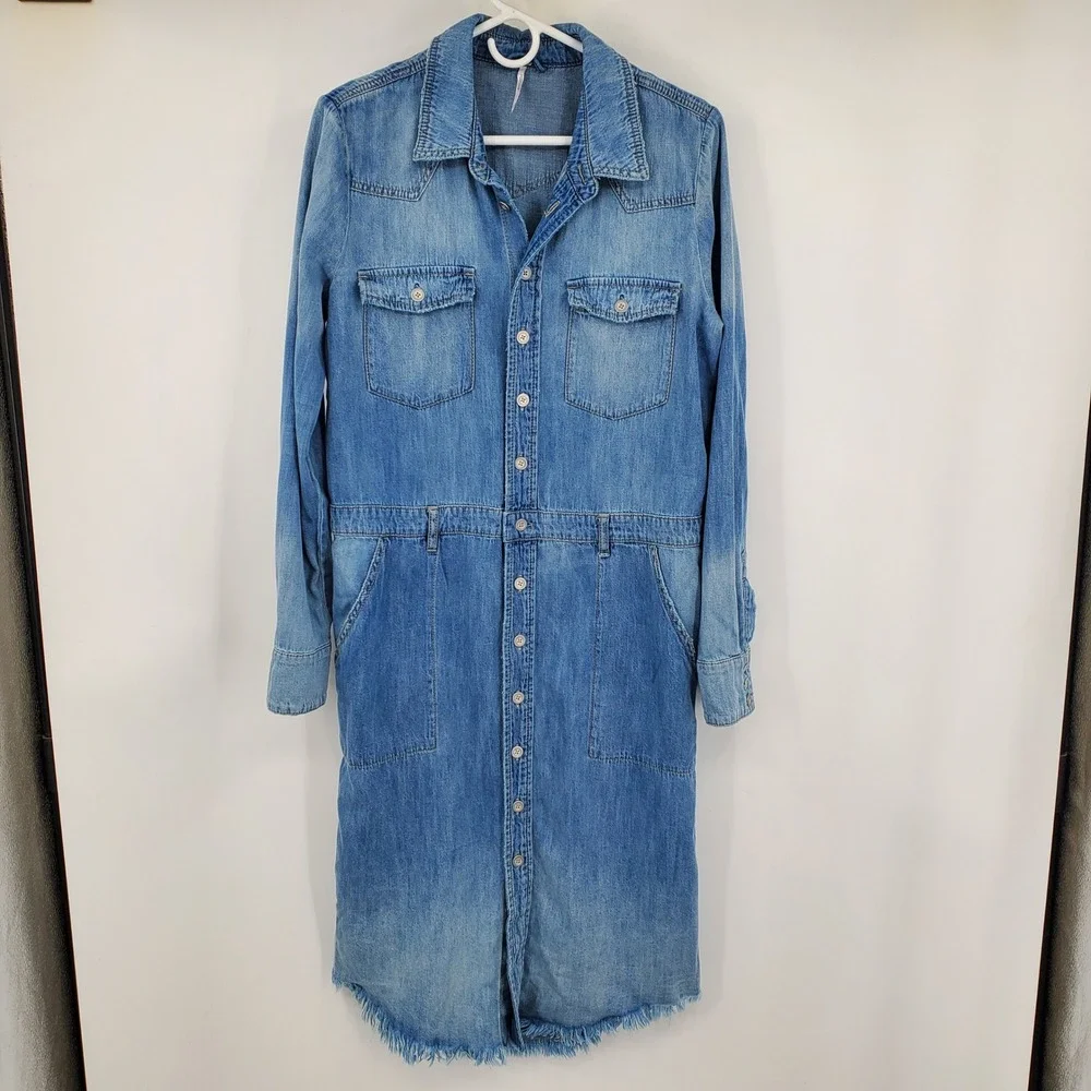 Free People Blue Denim Cotton Linen Button Front Midi Shirt Dress Medium Western - Picture 1 of 13
